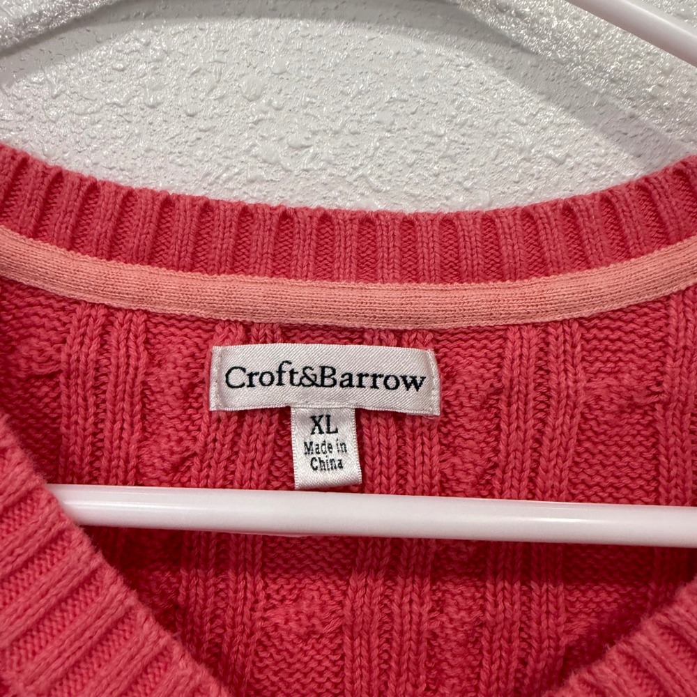 Croft & Barrow Women's Cable Knit V Neck Sweater Coral Pink XL Cozy Cotton - Picture 3 of 6